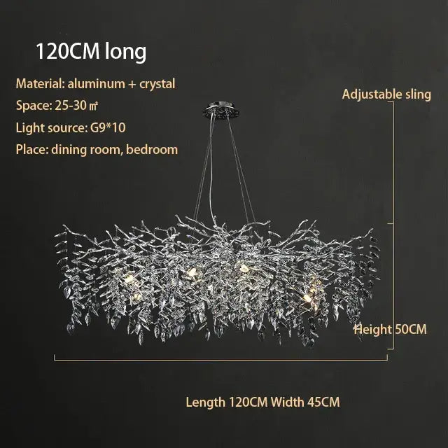 Modern silver and black crystal chrome chandelier with branching crystal design and aluminum frame for living room light