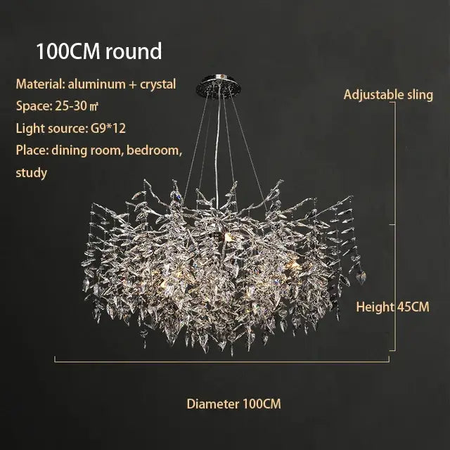 A 100cm round modern silver and black crystal chrome chandelier with shimmering aluminum leaf design for living room lighting