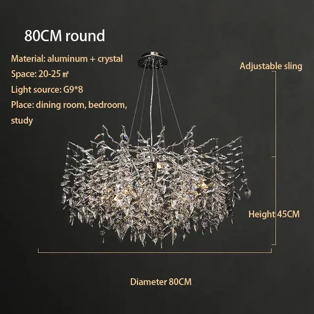 Modern silver and black 80cm round crystal chrome chandelier with delicate aluminum branch design for living room light