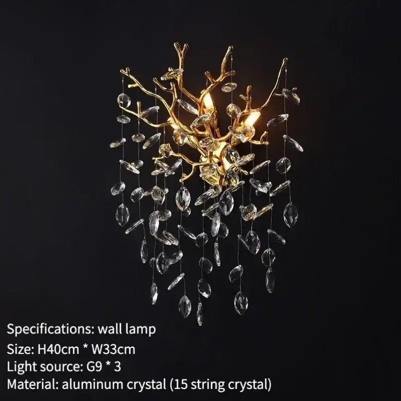 Modern silver and black crystal pendant chandelier with golden branch-style wall lamp and decorbites crystal droplets