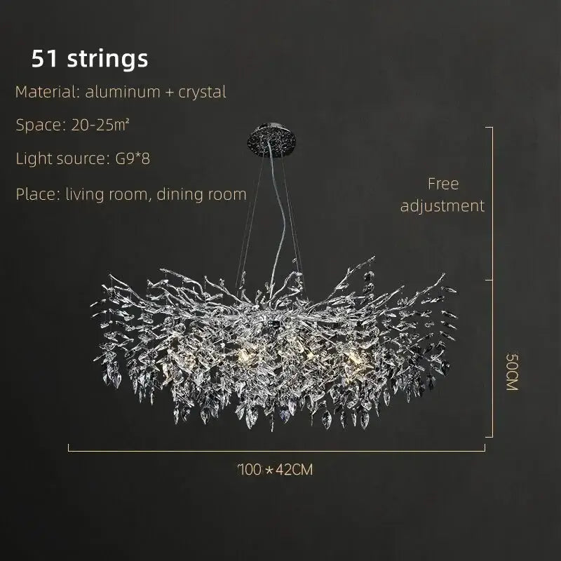 Modern silver and black decorbites crystal pendant chandelier with 51 crystal strings for living room or dining area decor