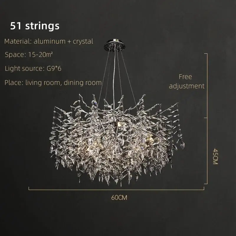 Elegant modern silver and black decorbites crystal pendant chandelier with 51 aluminum and clear crystal strings for dining room