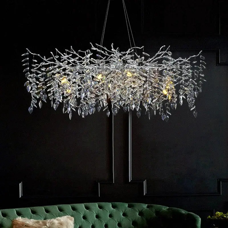 Modern silver and black crystal pendant chandelier with intricate branch design featuring decorbites crystal pendant elements