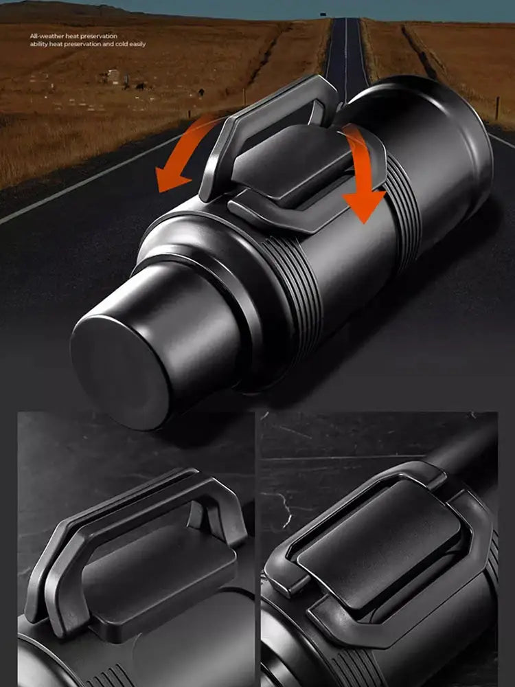 Black rugged flashlight with textured grip and reinforced handle shown beside modern silver and black insulated kettle with glass liner and folding handle