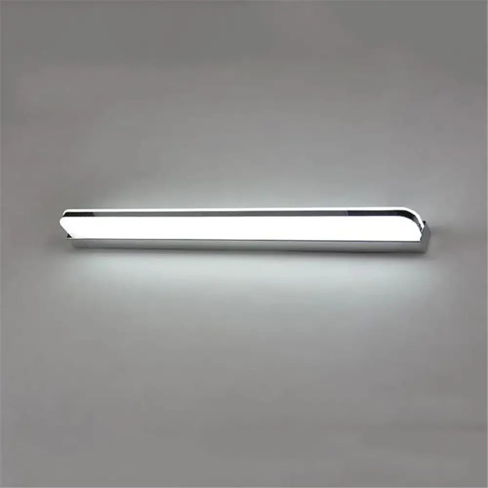 Modern silver and black led vanity light with a chrome finish and softly diffused rectangular white illumination for bathroom