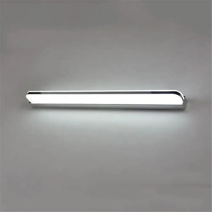Modern silver and black led vanity light with a chrome finish and softly diffused rectangular white illumination for bathroom