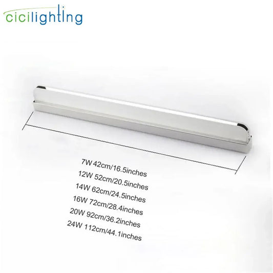 Modern silver and black led vanity light with metallic finish and black end caps for bathroom wall lighting