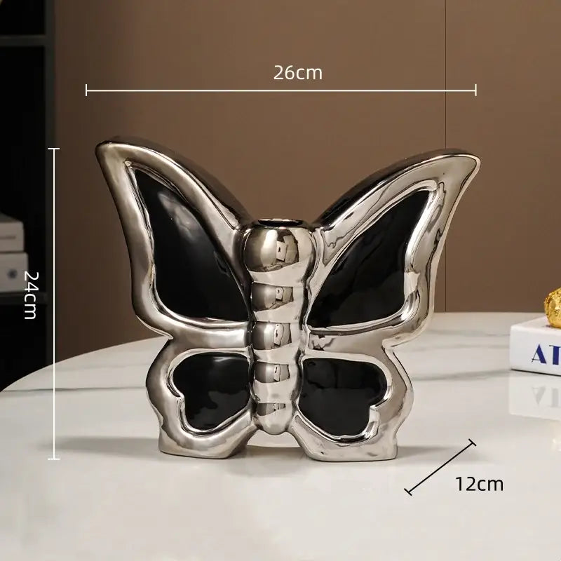 Shiny black and silver ceramic butterfly ceramic vase with glossy finish for modern living room decor