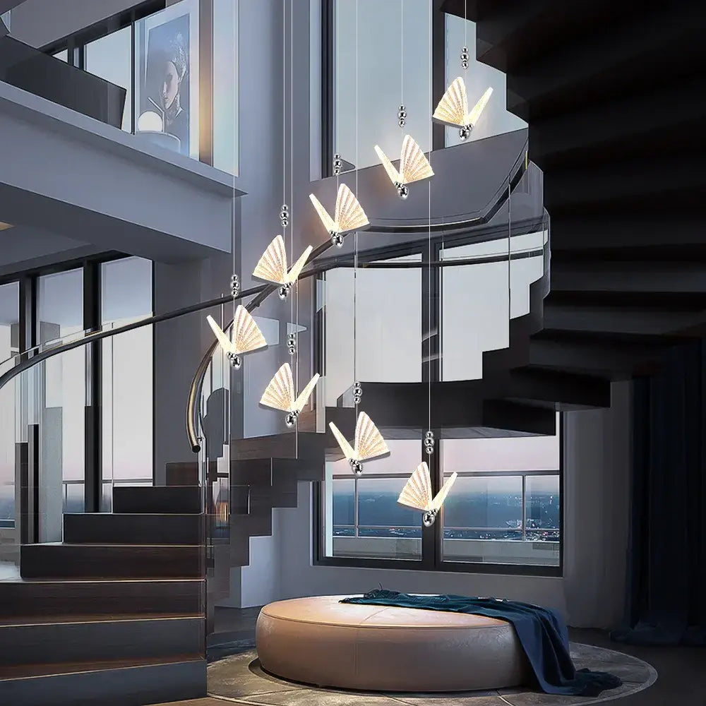Modern silver butterfly led pendant light with multiple illuminated fan-shaped fixtures for living room kitchen decorbites butterfly led