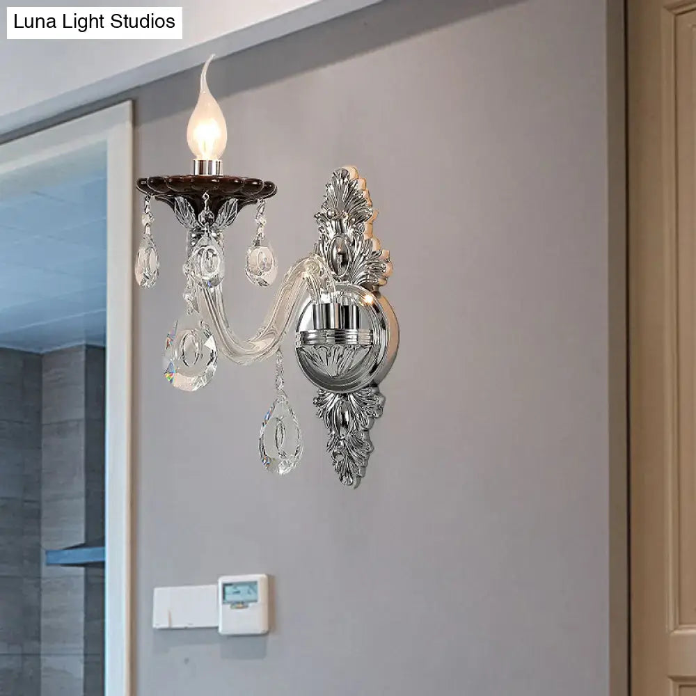 Elegant crystal chandelier silver candle wall mounted sconce with polished chrome base and dark brown glass shade