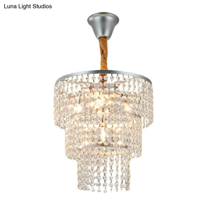Modern Silver Chandelier with 3-Tier Crystal Strand Shade - Bedroom Suspension Light - 4 Lights