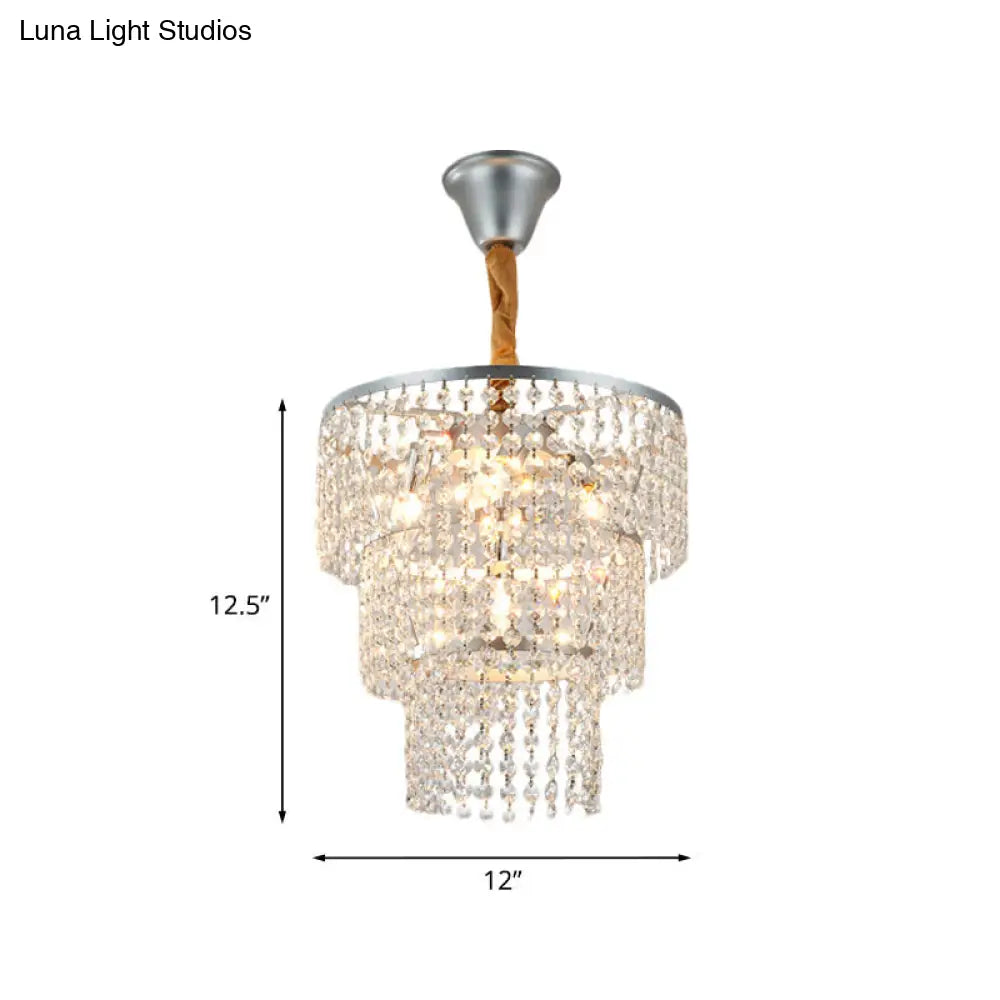 Modern Silver Chandelier with 3-Tier Crystal Strand Shade - Bedroom Suspension Light - 4 Lights