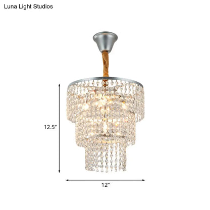 Modern Silver Chandelier with 3-Tier Crystal Strand Shade - Bedroom Suspension Light - 4 Lights