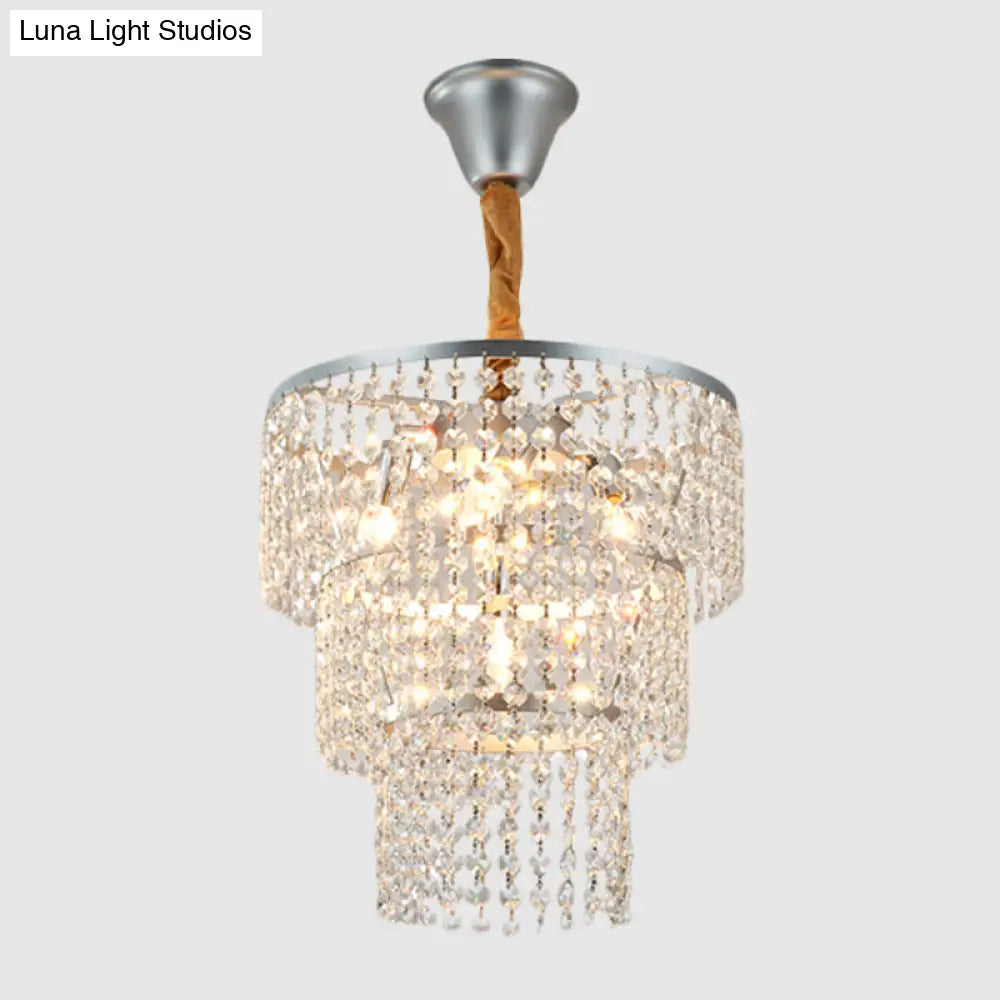 Modern Silver Chandelier with 3-Tier Crystal Strand Shade - Bedroom Suspension Light - 4 Lights
