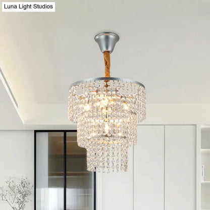 Modern Silver Chandelier with 3-Tier Crystal Strand Shade - Bedroom Suspension Light - 4 Lights