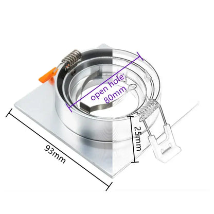 Modern silver and chrome square ceiling downlight frame with circular metal frame and 80mm open hole for living room