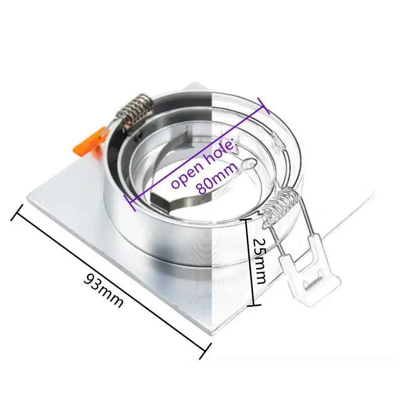Modern silver and chrome square ceiling downlight frame with circular metal frame and 80mm open hole for living room