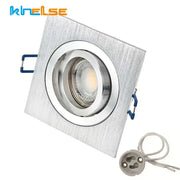 Modern silver and chrome square ceiling downlight frame with brushed aluminum and circular chrome trim for living room use