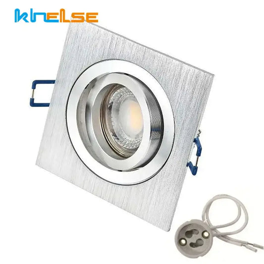 Modern silver and chrome square ceiling downlight frame with brushed aluminum and circular chrome trim for living room use