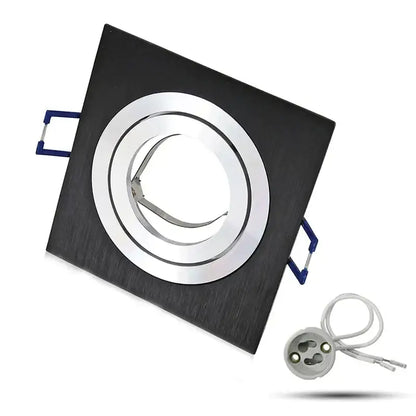 Modern silver and chrome black square ceiling downlight frame with brushed metal ring and blue mounting handles for living room