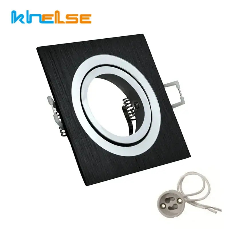 Modern silver and chrome black square ceiling downlight frame with metallic ring and spring-loaded mounting clips for living room