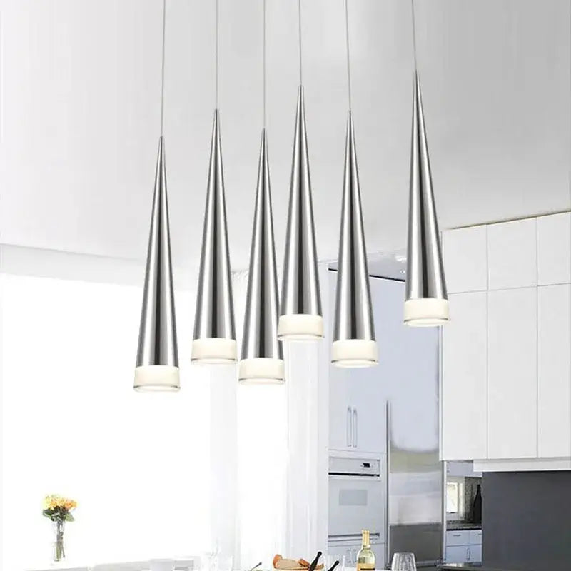 Five sleek modern silver conical pendant lights with brushed stainless steel and frosted glass for dining room decorbites pendant light