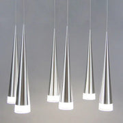 Six sleek silver decorbites conical pendant lights with frosted glass bases hanging in a modern dining room arrangement