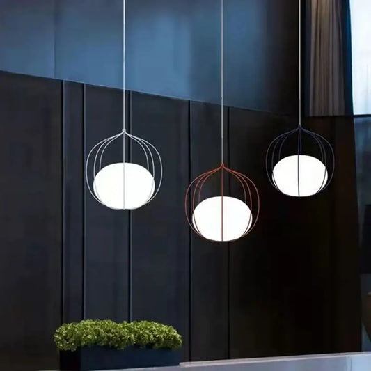 Modern silver and copper birdcage pendant light with spherical white glass shades for dining room decorbites pendant light