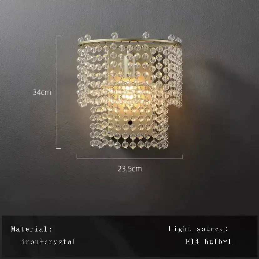 Elegant modern silver crystal bead chandelier led light bedroom wall sconce with gold-toned iron frame and clear beads decorbites crystal bead