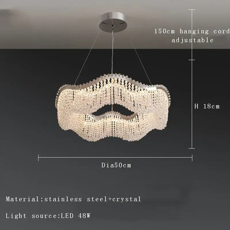 Modern silver crystal bead chandelier led light featuring a wavy lip-shaped design with stainless steel and clear crystals decorbites crystal bead