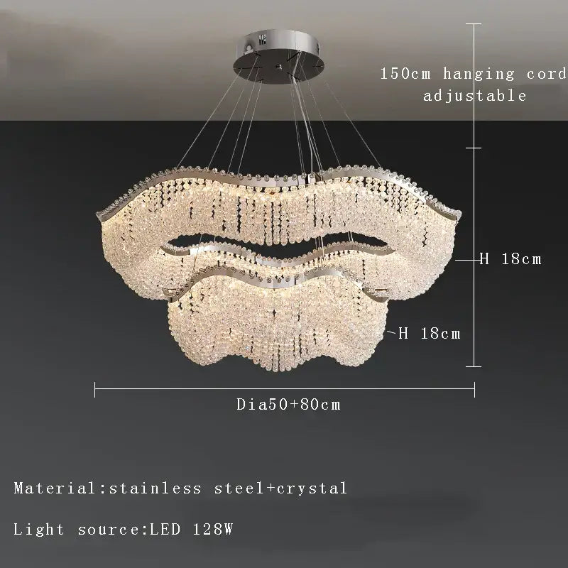A modern silver crystal bead chandelier led light bedroom featuring a glam tiered lips design in stainless steel