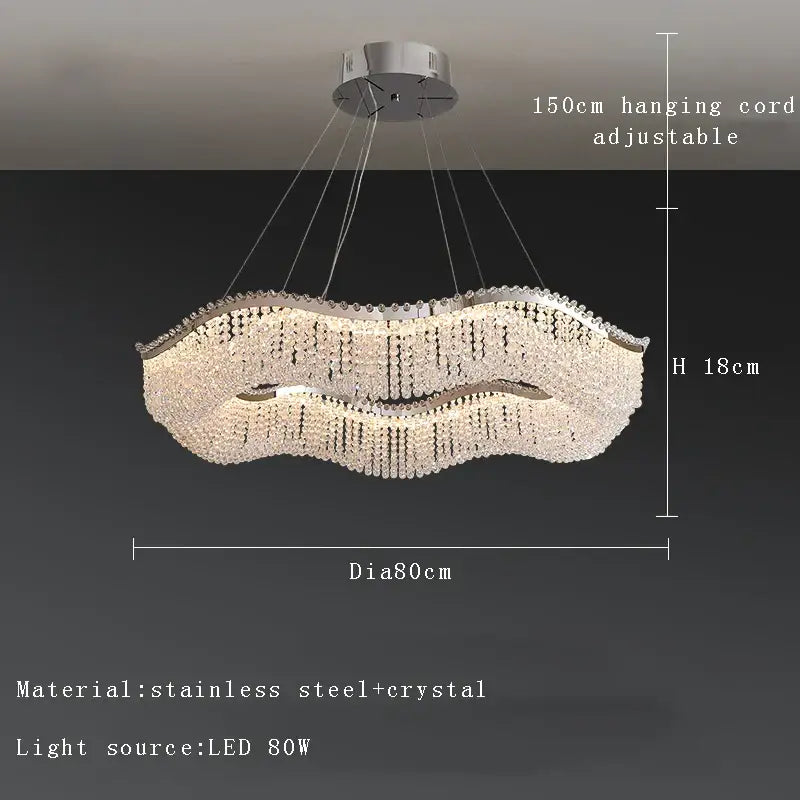 Modern silver crystal bead chandelier led bedroom light with stainless steel wavy lip-shaped crystal bead chandelier decorbites