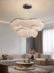 Modern silver crystal bead chandelier with sleek metal frame and cascading crystals decorbites crystal bead led light bedroom
