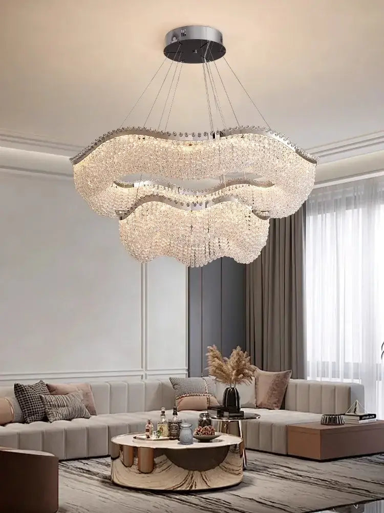 Modern silver crystal bead chandelier with sleek metal frame and cascading crystals decorbites crystal bead led light bedroom