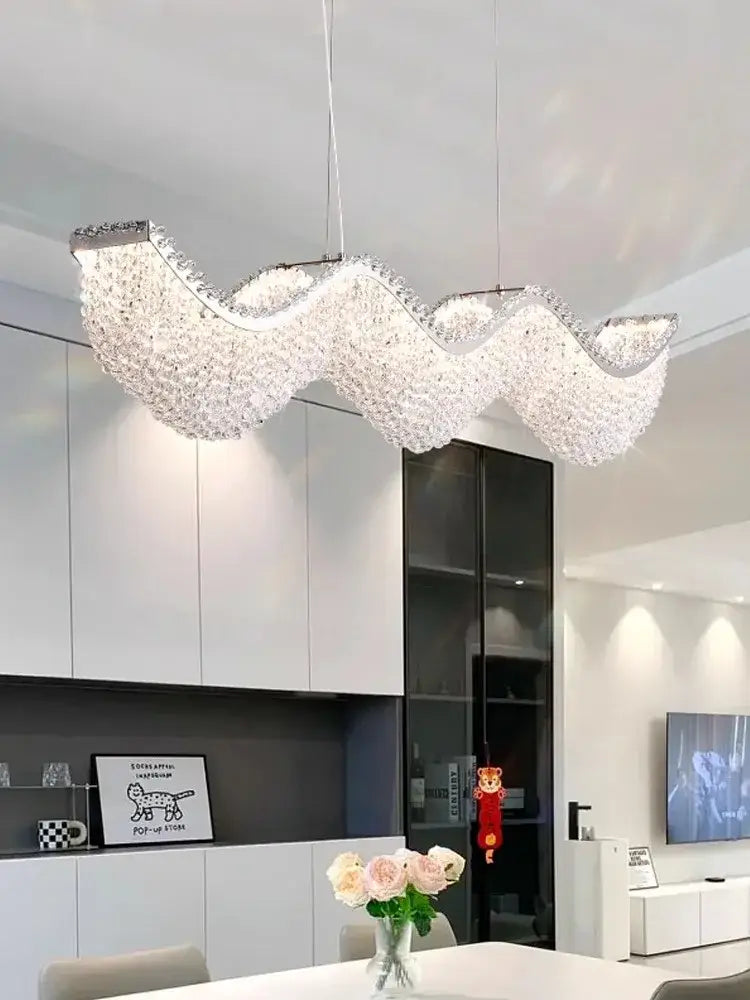 Modern silver crystal bead chandelier led light with wavy design and cascading clear crystals for bedroom decorbites crystal bead