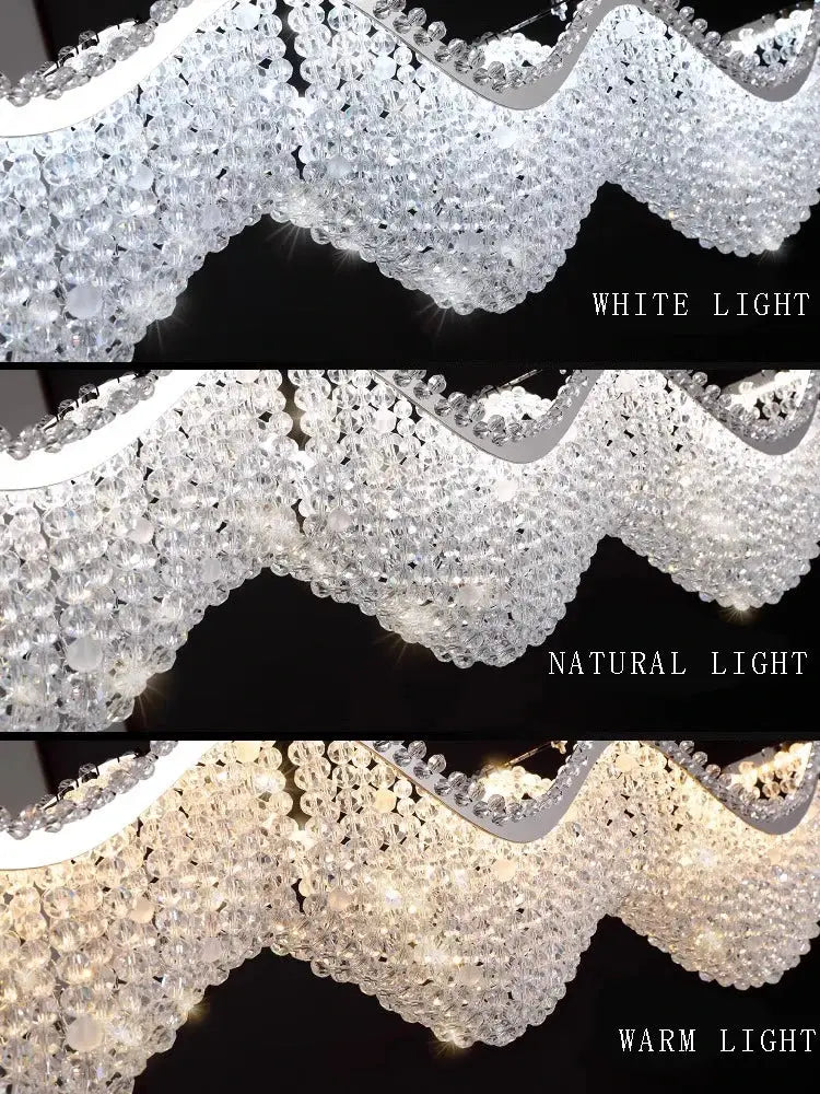 Modern silver crystal bead chandelier with wavy metal frame and cascading clear glass beads decorbites crystal bead led light