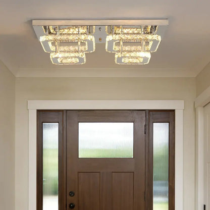 Modern silver crystal ceiling chandelier with two stacked illuminated crystal panels and polished chrome accents
