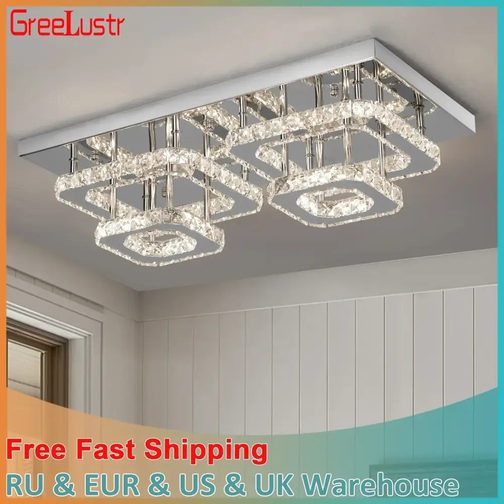 Modern silver crystal ceiling chandelier with layered crystal rings and chrome accents for living room lighting