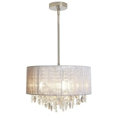 A modern silver crystal fabric pendant lamp with brushed nickel finish and sheer drum shade for bedroom decorbites crystal fabric pendant lamp
