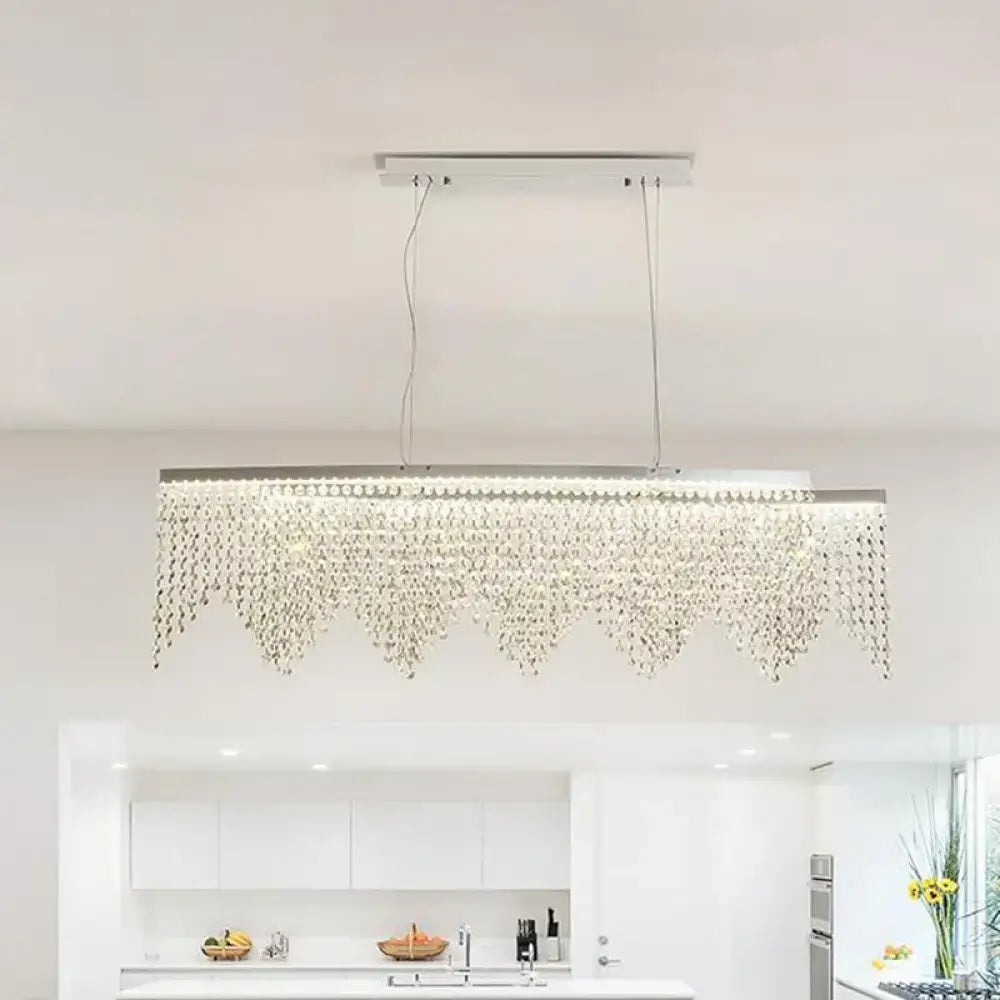 Modern silver crystal island pendant dining room chandelier with sleek frame and cascading clear crystal beads 110-120v