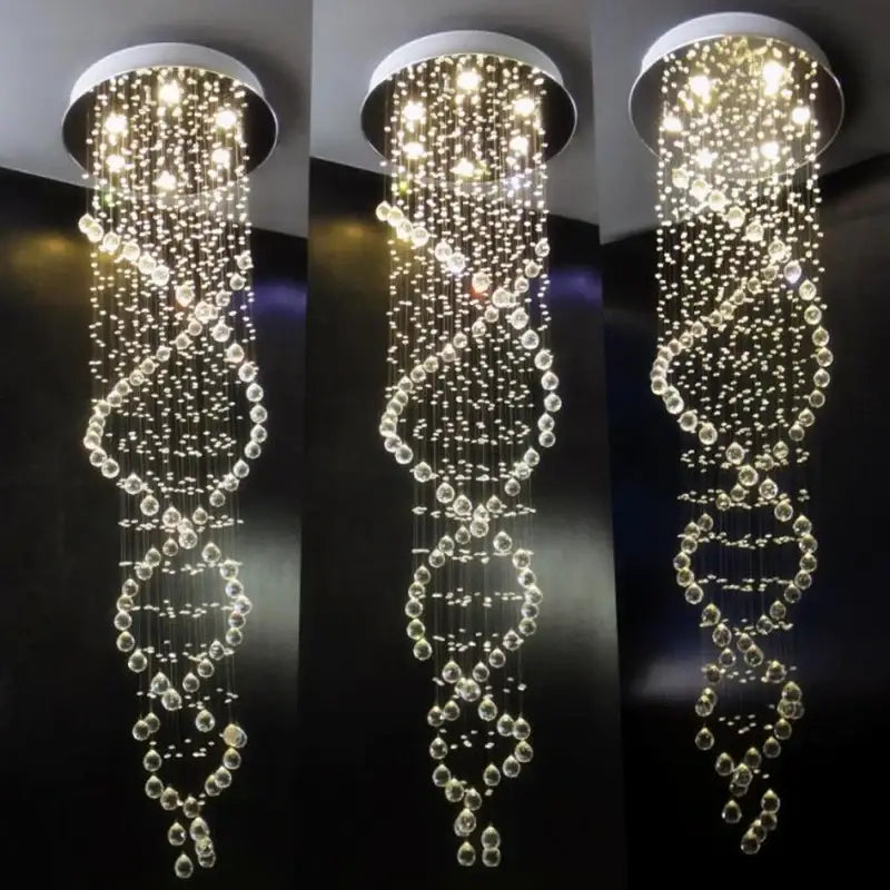 Modern silver crystal led chandelier with cascading clear crystal beads in spiral pattern for staircase decorbites crystal led lighting