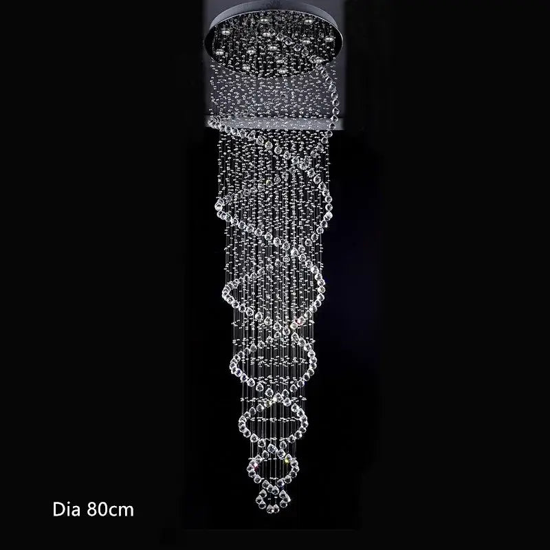 Modern silver crystal led chandelier with cascading spiral design featuring clear faceted beads by decorbites crystal led