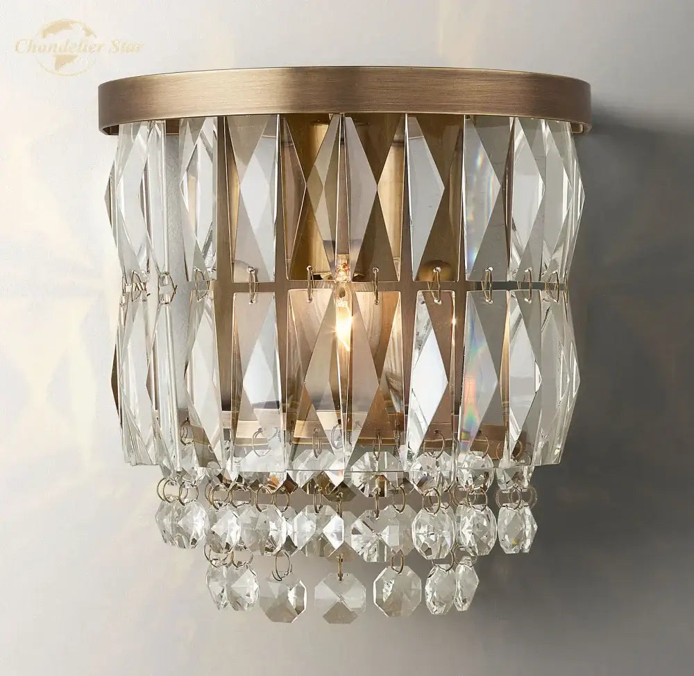 Modern silver crystal led wall sconce with brushed brass frame and faceted crystals for living room decorbites crystal led wall