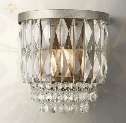 Modern silver crystal led wall sconce with faceted and dangling crystals for elegant living room decorbites crystal led wall