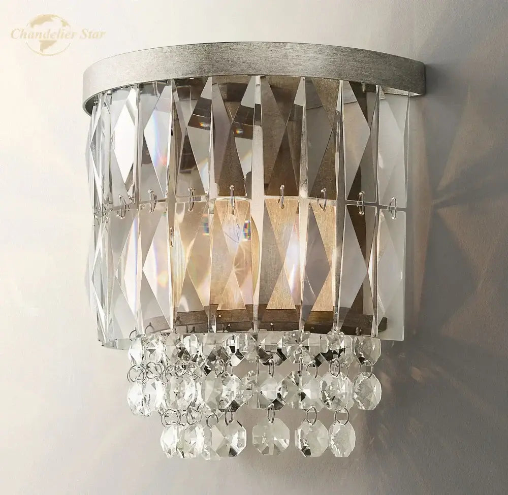 Modern silver wall sconce with cascading clear crystal prisms and faceted crystals for decorbites crystal led wall lighting