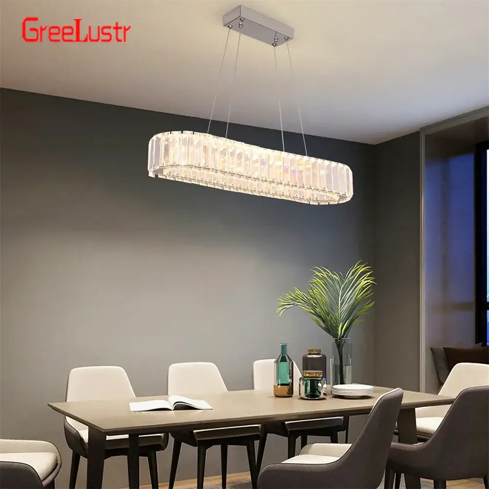Modern silver crystal oval led chandelier with sleek rectangular crystal oval design and polished chrome finish for living room decorbites