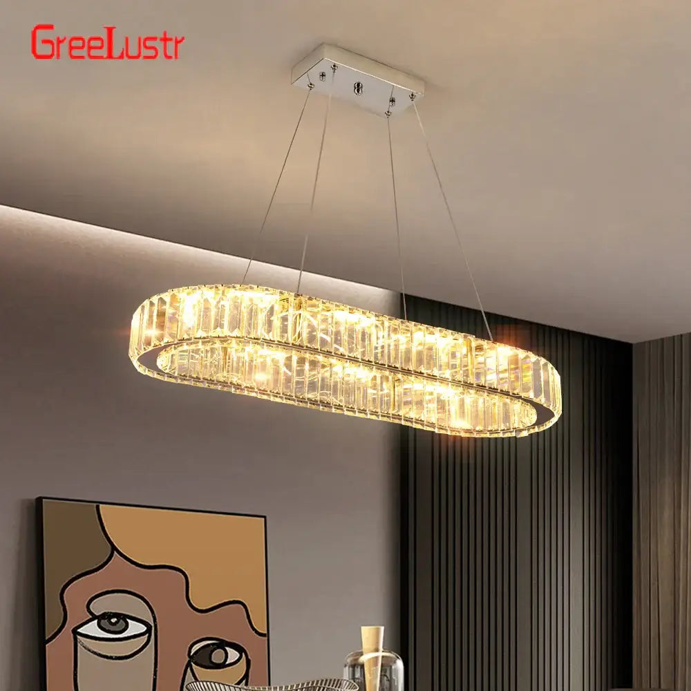 Modern silver led chandelier with double-layered crystal oval design and warm lighting for living room decorbites style