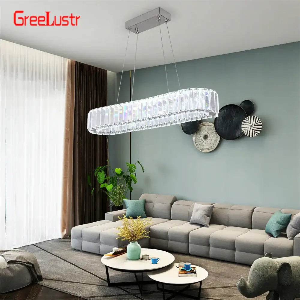 Modern silver crystal oval led chandelier with chrome finish and clear panels showcasing decorbites crystal oval design