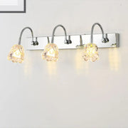 Modern silver crystal petal bathroom wall vanity light with three adjustable chrome gooseneck arm flower-shaped shades