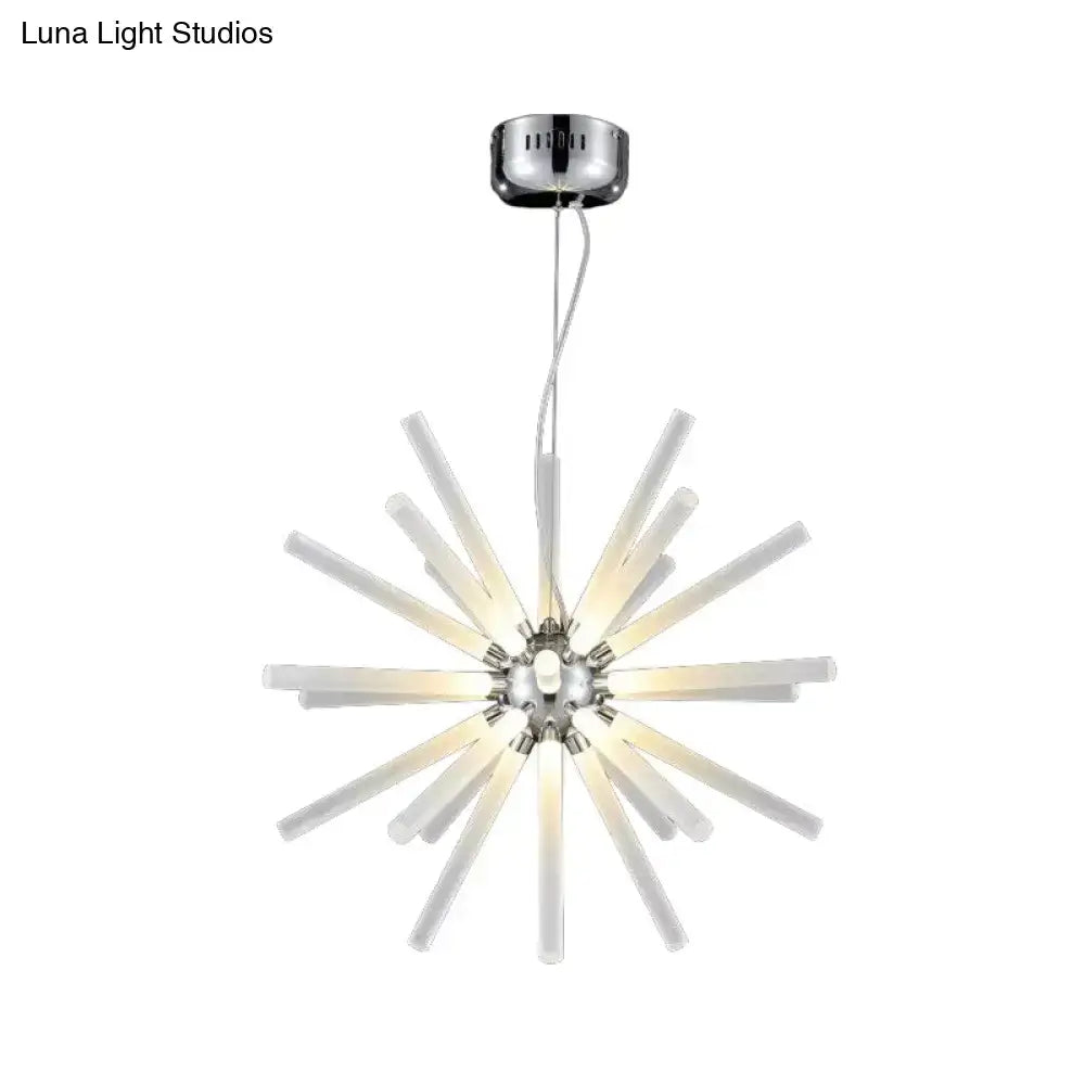 Modern chrome starburst chandelier pendant with translucent white acrylic arms and clear hanging ceiling fixture